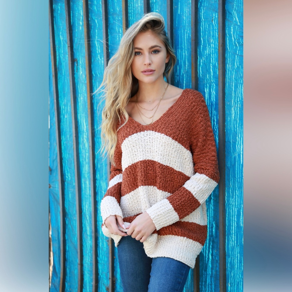 Soft Sherpa V Neck Stripe Oversize Sweater - Picture 1 of 5